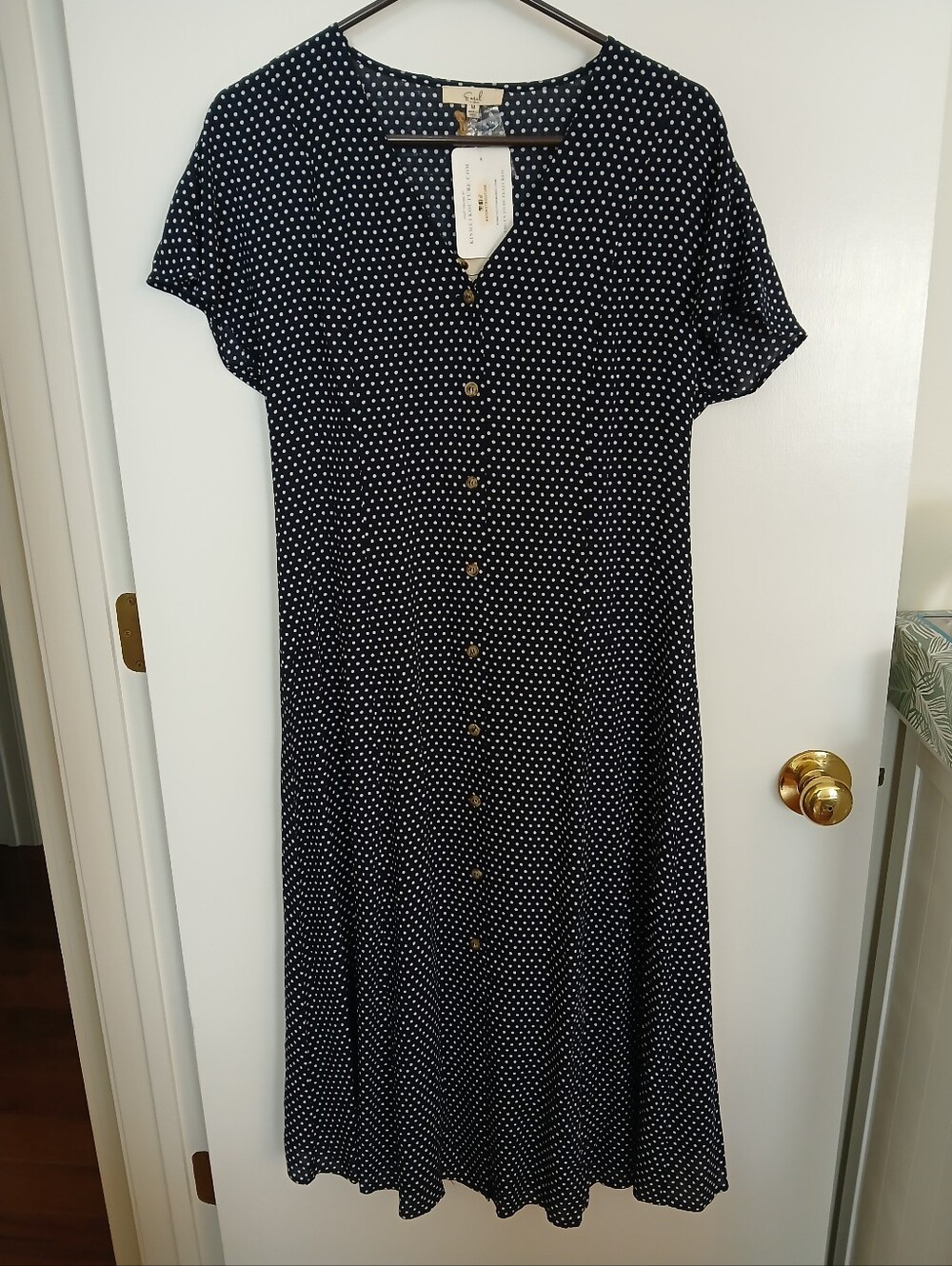 Easel Navy and White Polka Dot Button-Front Midi Dress Size M